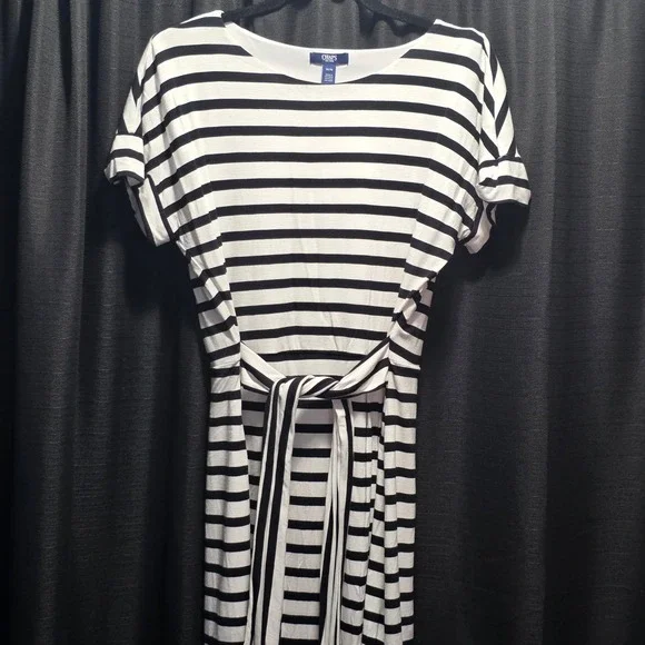 Chaps Womens Black White Striped Tie Waist Short Sleeve Knee Length Dress Medium - Picture 7 of 11